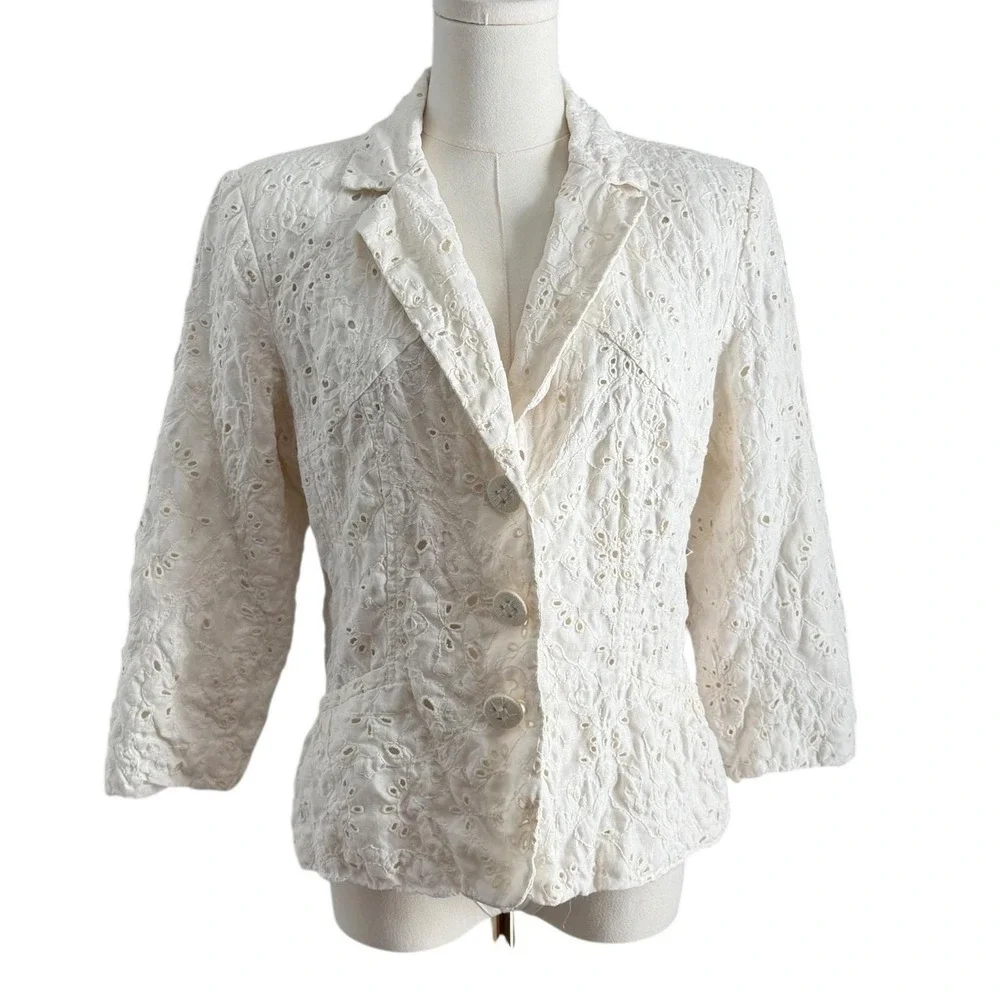 Coldwater Creek Eyelet Blazer Womens Size M Cream Linen Cotton Floral Jacket